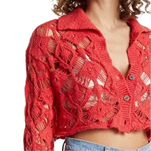 Free People Cotton Sedona Cardigan Sweater Top Guava Berry Small New Coral